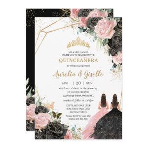 Quinceañera Black Pink Roses Floral Princess Twins