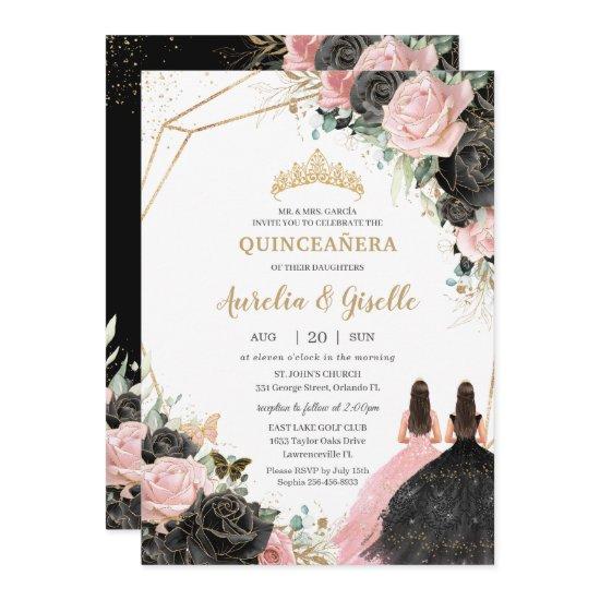Quinceañera Black Pink Roses Floral Princess Twins