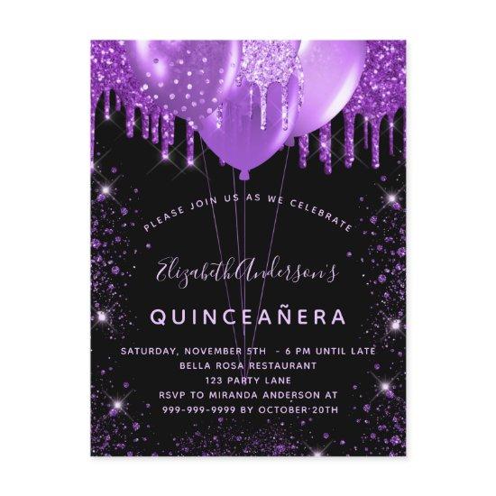 Quinceanera black purple glitter dust balloons  postcard