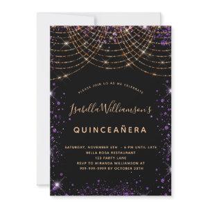 Quinceanera black purple gold glitter dust elegant