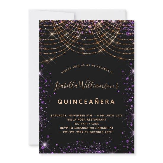Quinceanera black purple gold glitter dust elegant