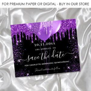 Quinceanera black purple save the date card