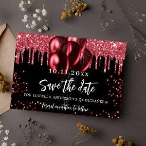 Quinceanera black red balloons glitter save the date