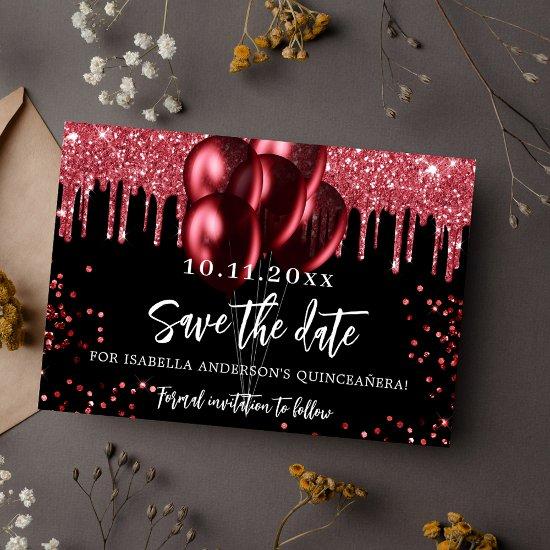 Quinceanera black red balloons glitter save the date