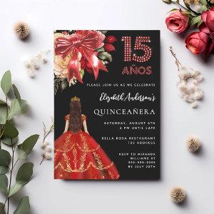 Quinceanera black red dress bow florals