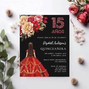 Quinceanera black red dress roses