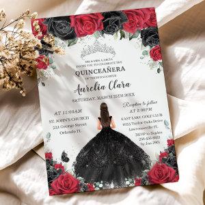 Quinceañera Black Red Roses Floral Princess Dress