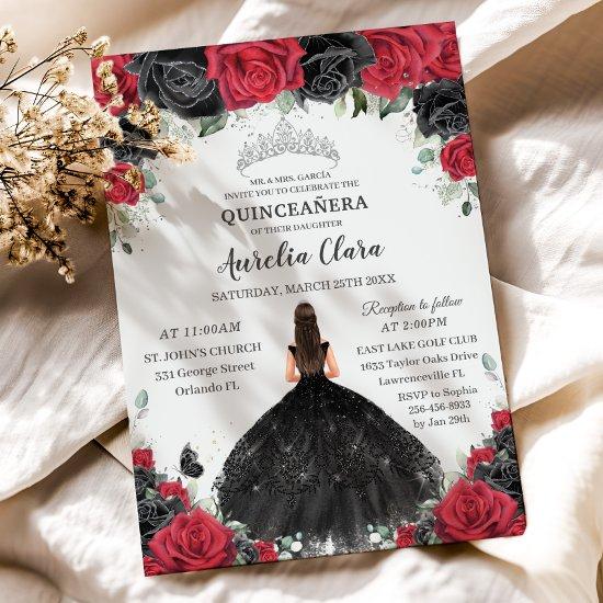 Quinceañera Black Red Roses Floral Princess Dress