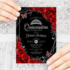 Quinceanera Black Red Silver Floral