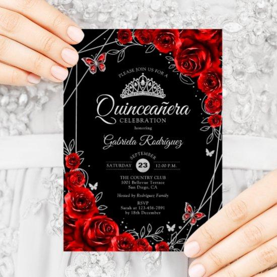 Quinceanera Black Red Silver Floral