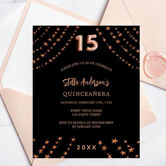 Quinceanera black rose gold star budget