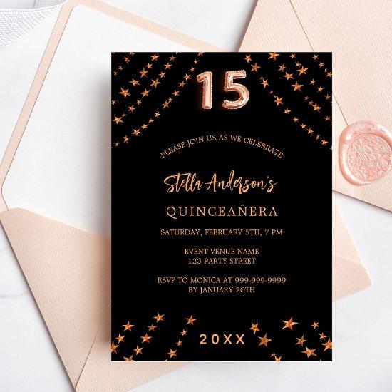 Quinceanera black rose gold stars elegant