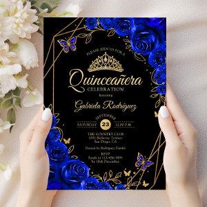 Quinceanera Black Royal Blue Gold Floral