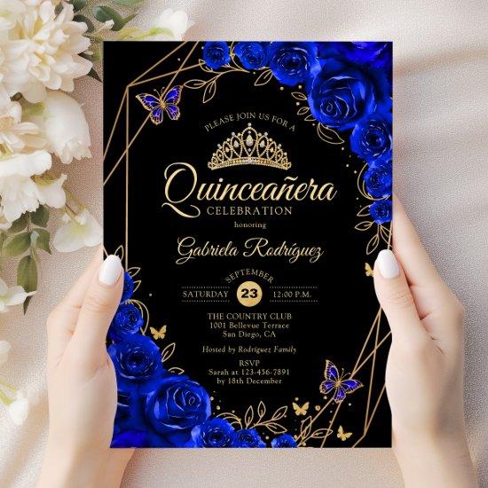 Quinceanera Black Royal Blue Gold Floral