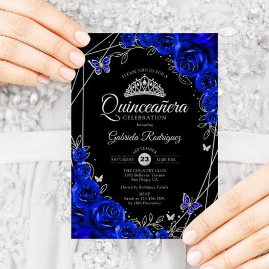 Quinceanera Black Royal Blue Silver Floral