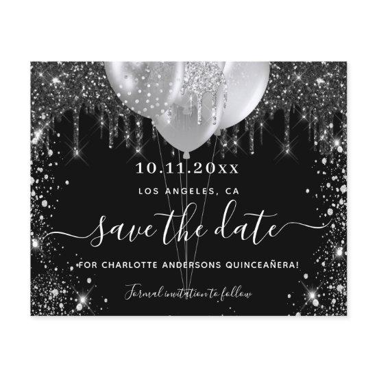 Quinceanera black silver budget save the date flyer