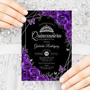 Quinceanera Black Silver Purple Floral