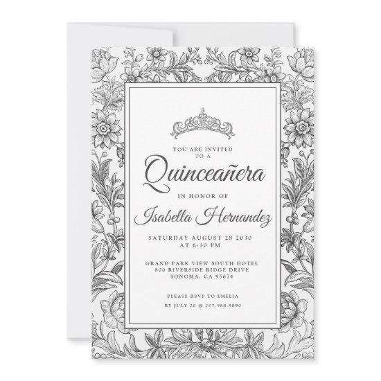 Quinceanera Black White Floral Tiara