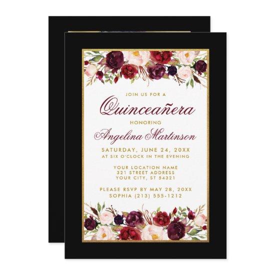 Quinceanera Black White Gold Burgundy Floral Photo