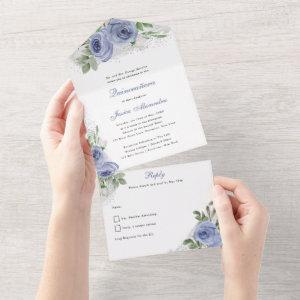 Quinceanera Blue and Silver Watercolor Flowers All In One
