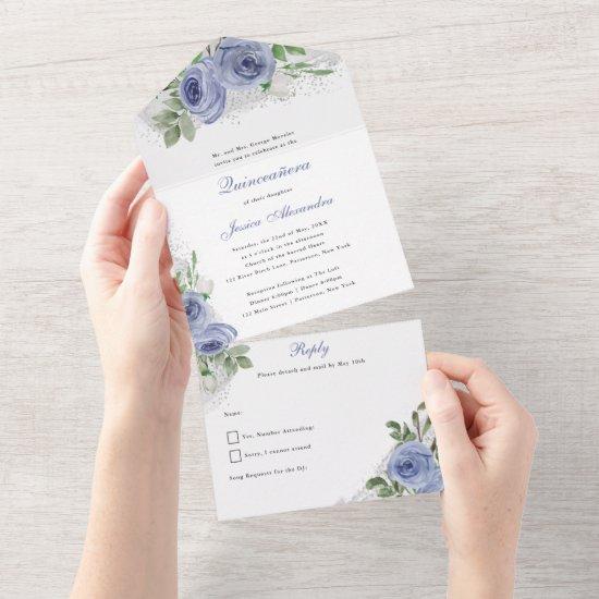 Quinceanera Blue and Silver Watercolor Flowers All In One