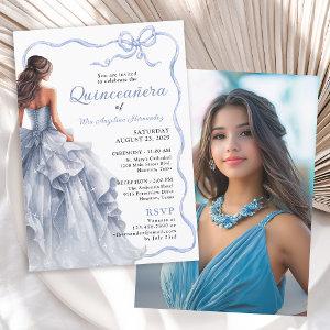 Quinceañera Blue Dress Scalloped Ribbon Bow Photo