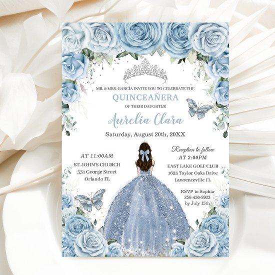 Quinceañera Blue Floral Butterflies Silver Tiara