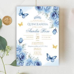 Quinceañera Blue Floral Gold Butterfly Tiara
