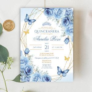 Quinceañera Blue Floral Gold Frame Butterfly Crown