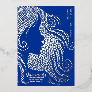 Quinceañera Blue Girl Silhouette in Hearts Silver Foil Holiday Card