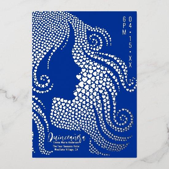 Quinceañera Blue Girl Silhouette in Hearts Silver Foil Holiday Card