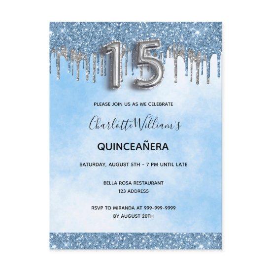 Quinceanera blue glitter silver elegant luxurious  postcard