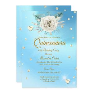Quinceanera Blue Gold Glitter Rose Floral