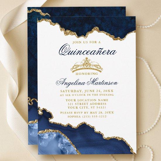 Quinceanera Blue Marble Gold Crown