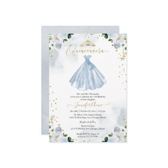 Quinceanera Blue Watercolor Floral Dress