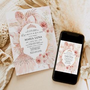 Quinceañera Blush Boho Floral Pampas Grass Dress