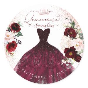 Quinceanera Blush Burgundy Watercolor Flowers Clas Classic Round Sticker