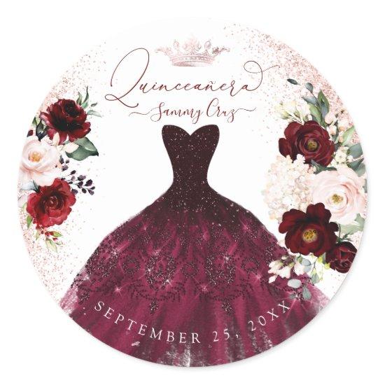 Quinceanera Blush Burgundy Watercolor Flowers Clas Classic Round Sticker