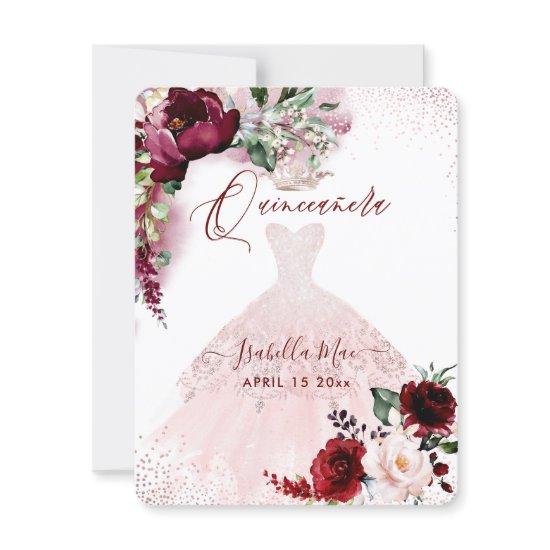 Quinceanera Blush Burgundy Watercolor Flowers Invi