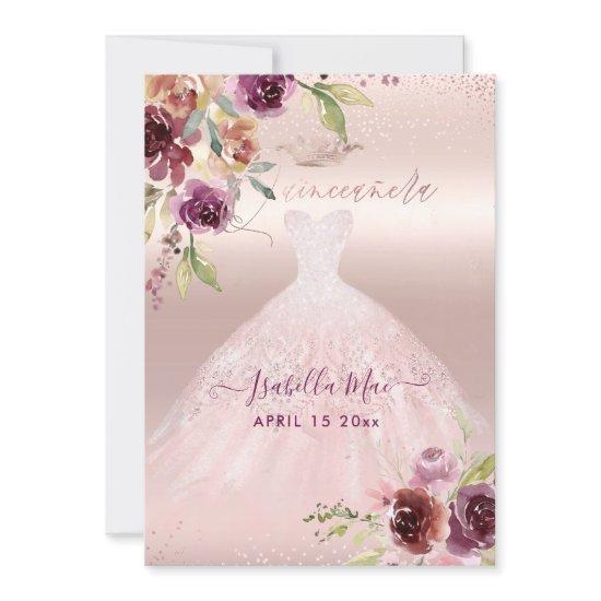 Quinceanera Blush Burgundy Watercolor Flowers