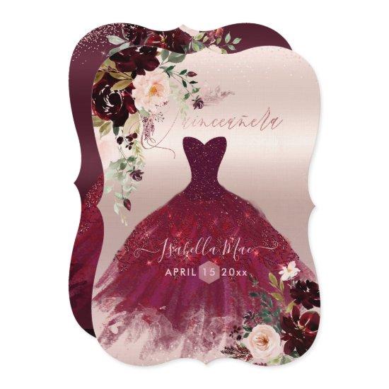 Quinceanera Blush Burgundy Watercolor Flowers