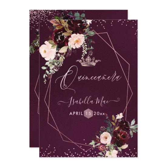 Quinceanera Blush Burgundy Watercolor Flowers