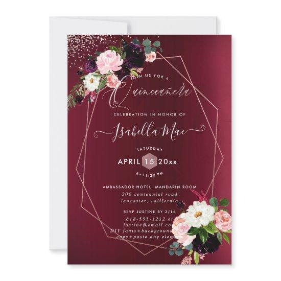 Quinceanera Blush Burgundy Watercolor Flowers