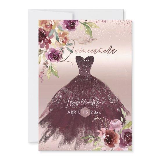 Quinceanera Blush Burgundy Watercolor Flowers