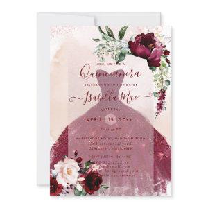 Quinceanera Blush Burgundy Watercolor Flowers