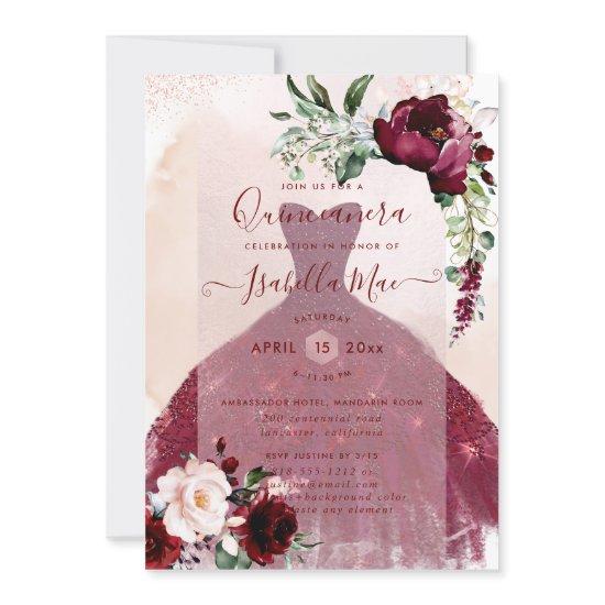 Quinceanera Blush Burgundy Watercolor Flowers