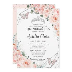 Quinceañera Blush Floral Butterflies Silver Crown