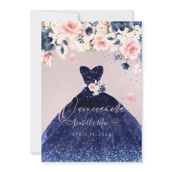 Quinceanera Blush Floral Navy Blue Glitter Gown