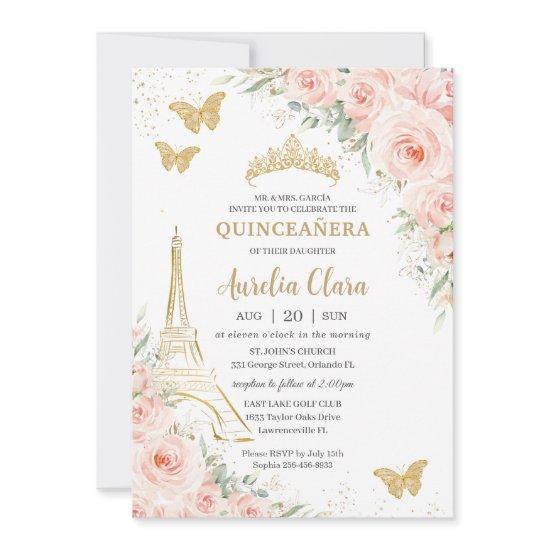 Quinceañera Blush Floral Paris Eiffel Champagne