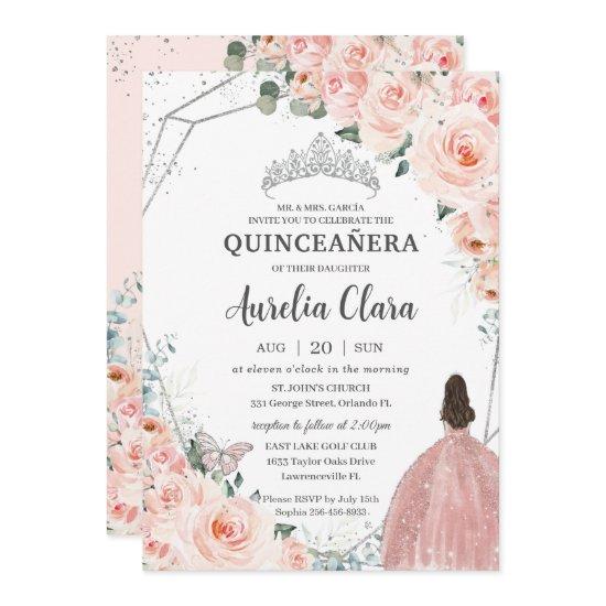 Quinceañera Blush Floral Princess Silver Crown
